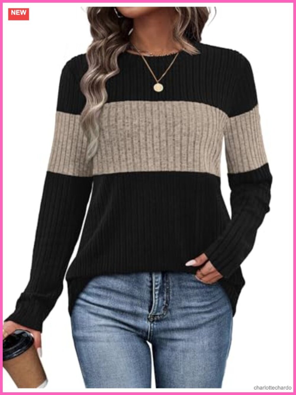 Women's Trendy Color Block Long Sleeve Lightweight Pullover Sweater Crew Neck